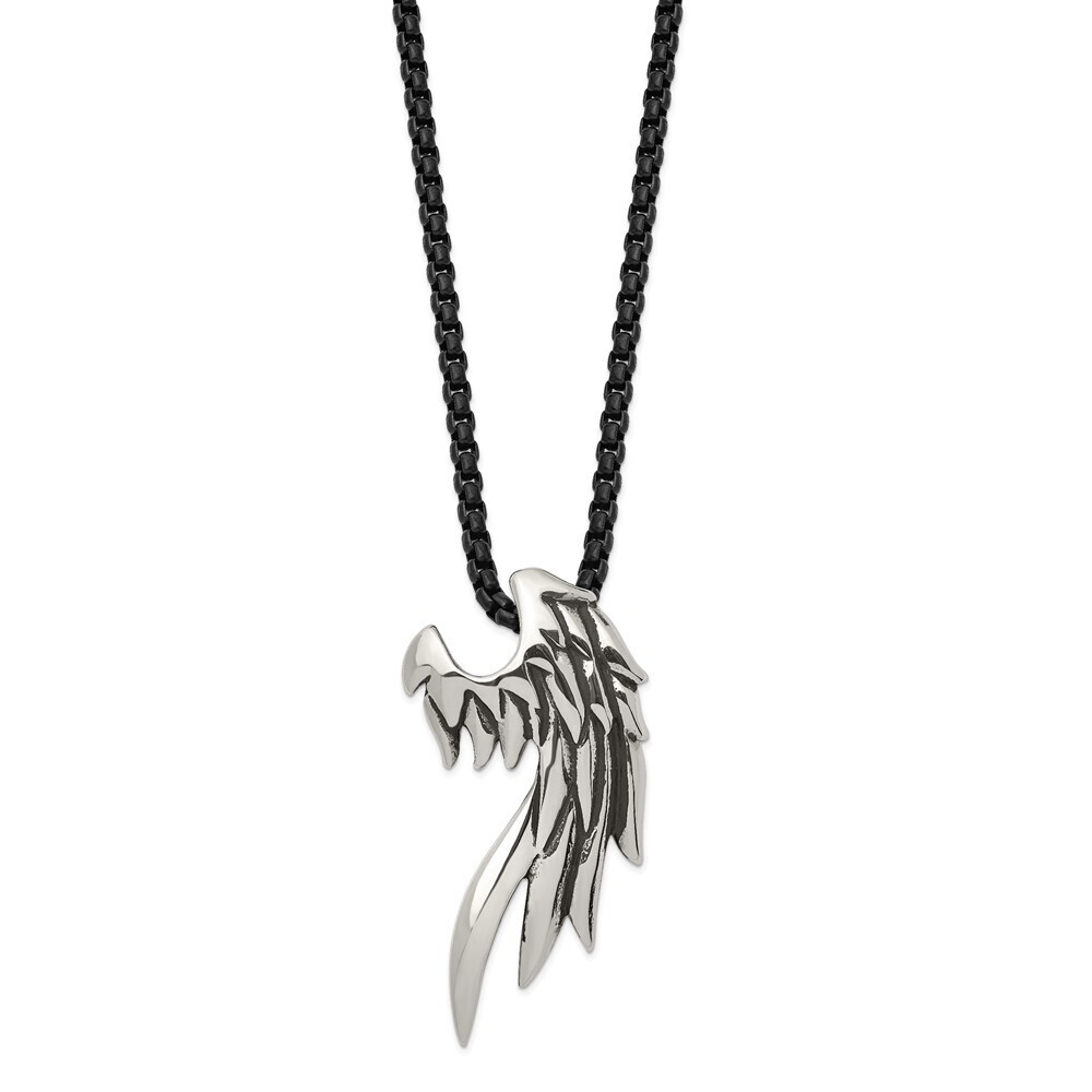 Stainless Steel Antiqued And Polished Wing Black Ip-plated 20in Necklace